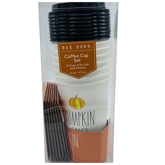 Rae Dunn PUMPKIN SPICE Set of 8 Travel Coffee Cups Sleeves Lids Fall NEW 2019 - Picture 2 of 5